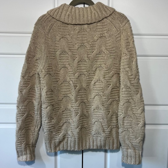 Lands‎ End Mens Wool Blend Tan Cable Knit Sweater Collared Button Neck Size M - Picture 2 of 6